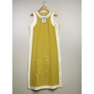 Fashion Clothing Sleeveless Midi Dress Mustard Yellow White Paneled Round Neck S